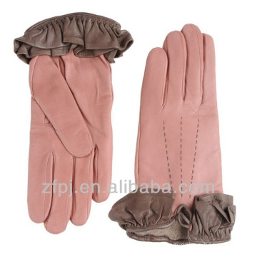 ruffle adorn pink leather gloves